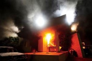 The Benghazi consular facility on fire while Obama did nothing.